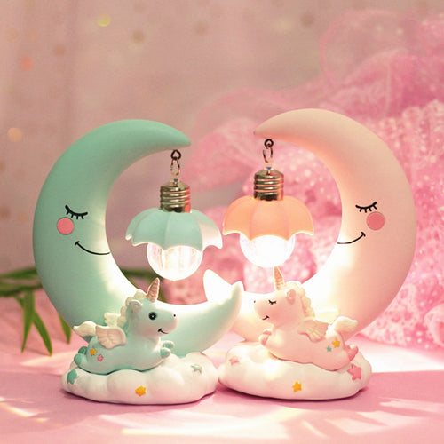 LED Night Light Unicorn Moon Resin Cartoon Night Lamp Luminaria